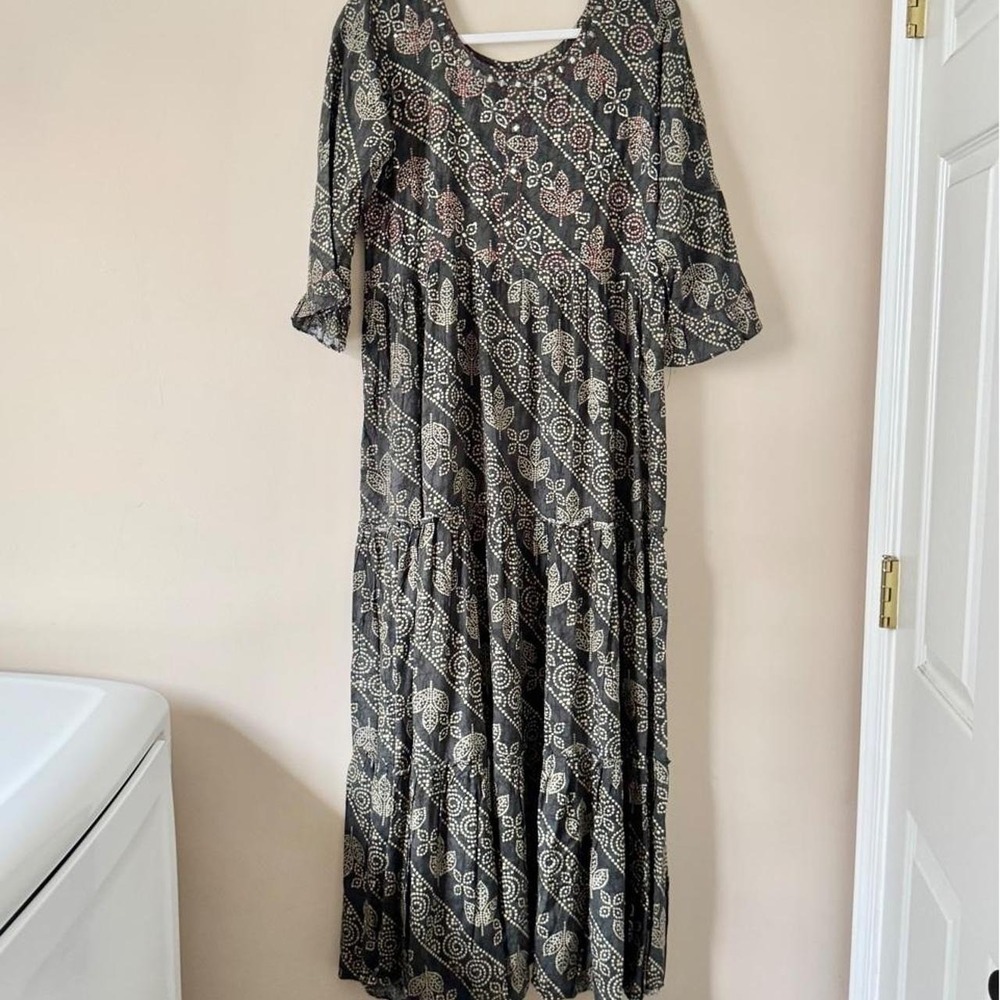Indian cotton maxi dress XL gray red embroidery gold mirror boho pattern - Picture 1 of 8